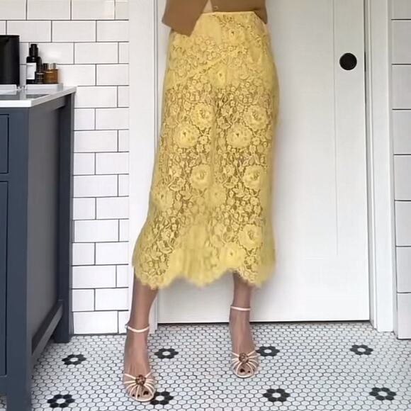 Doen Dresses & Skirts - Doen Nandi Lace Sheer Scalloped Pencil Straight Midi Long Skirt Daffodil Yellow